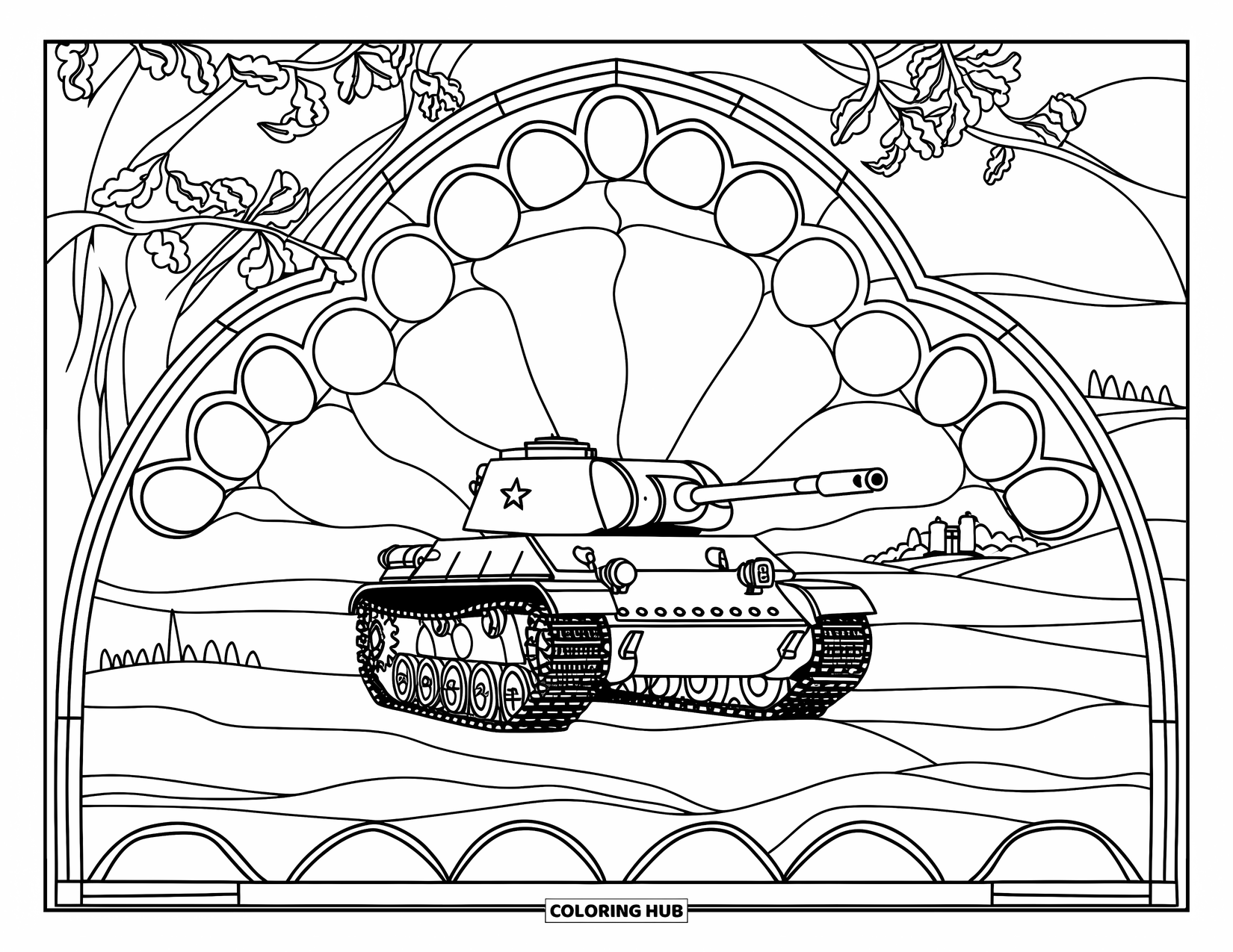Ww2 Coloring Page for Adults: A tank inside a stained-glass frame with hills and a distant building behind