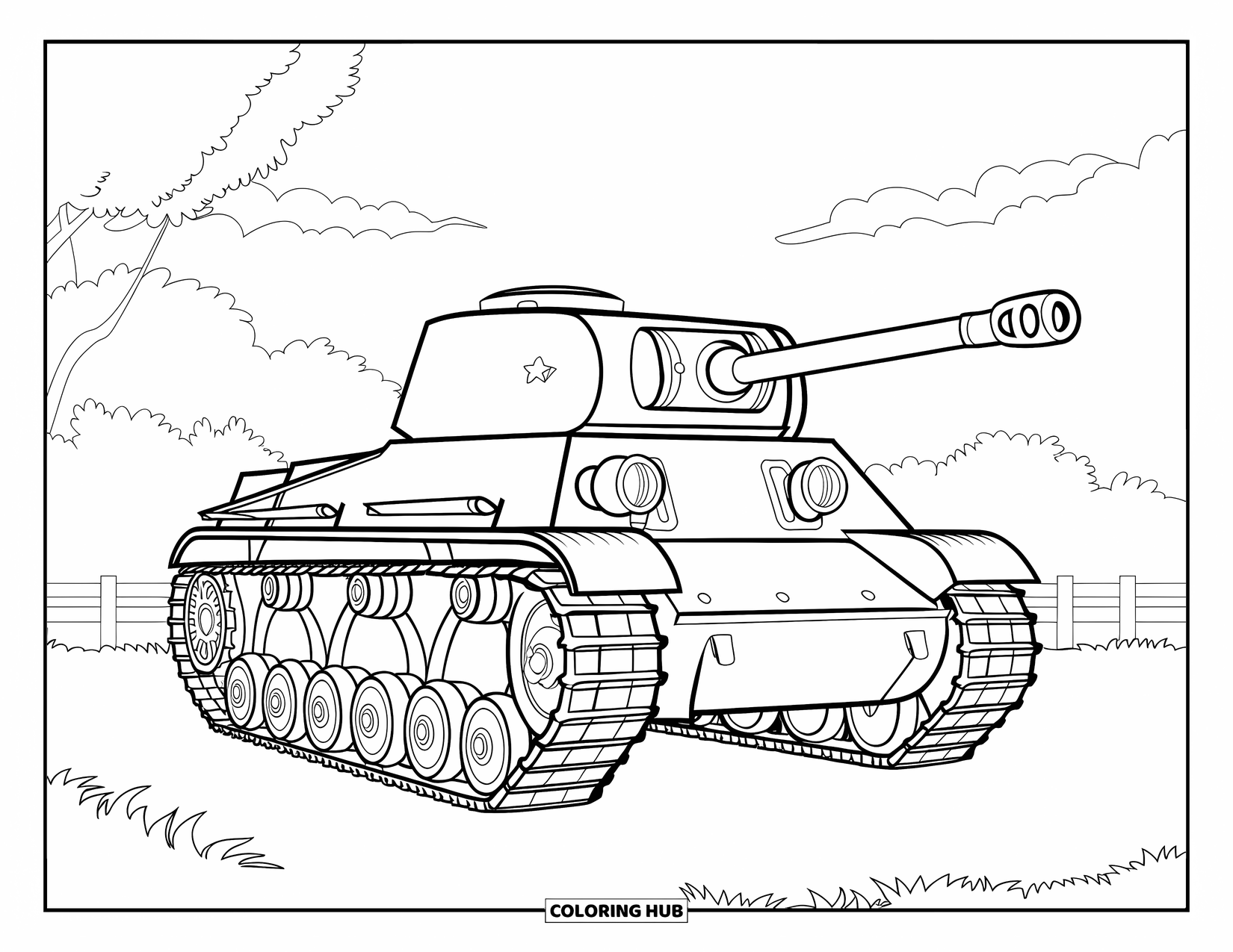 Ww2 Coloring Page for Adults: A tank on a grassy field framed by leaves and branches