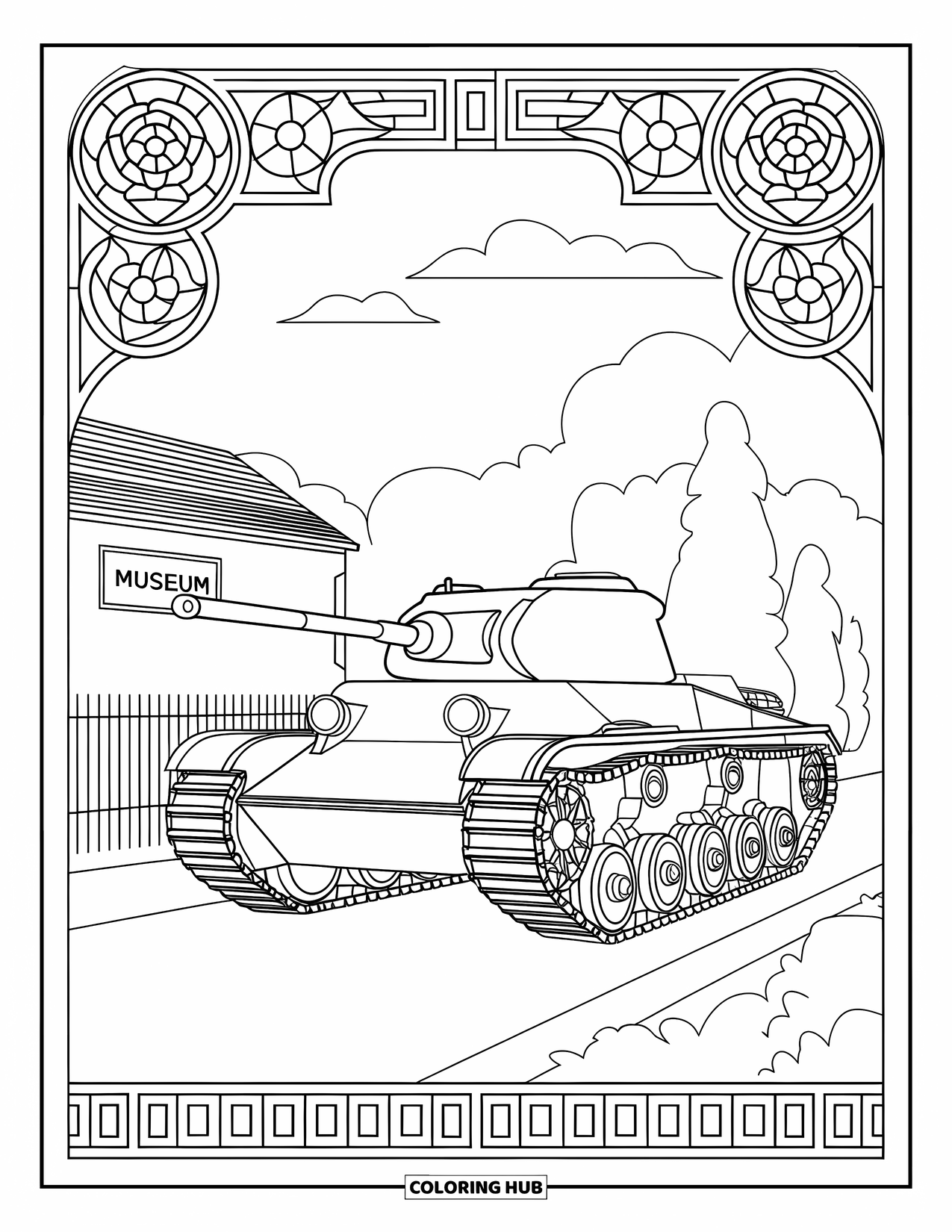 Ww2 Coloring Page for Adults: A tank parked near a museum framed by rose-shaped glass