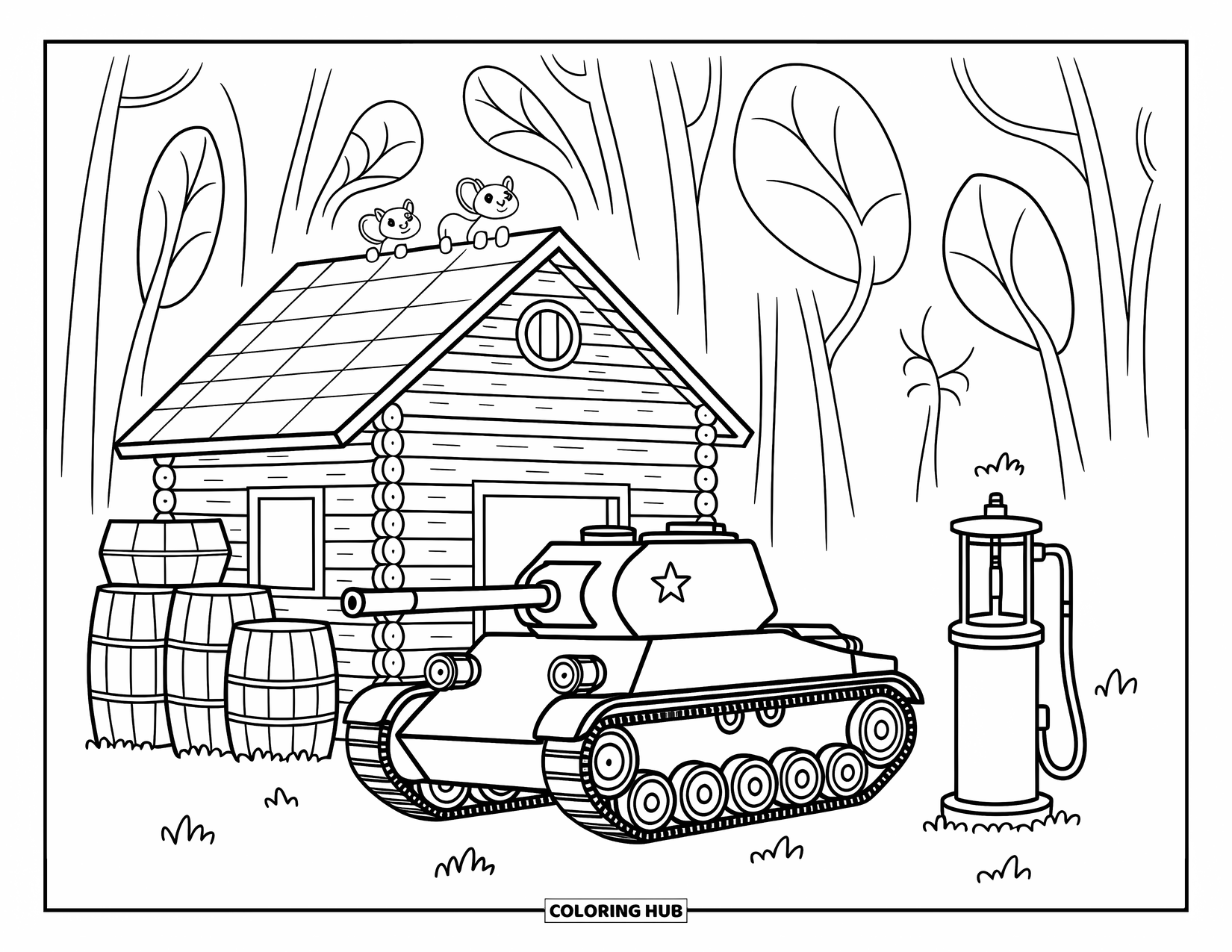 Ww2 Coloring Page for Adults: A tiny tank parks beside a cozy forest outpost of logs and crates