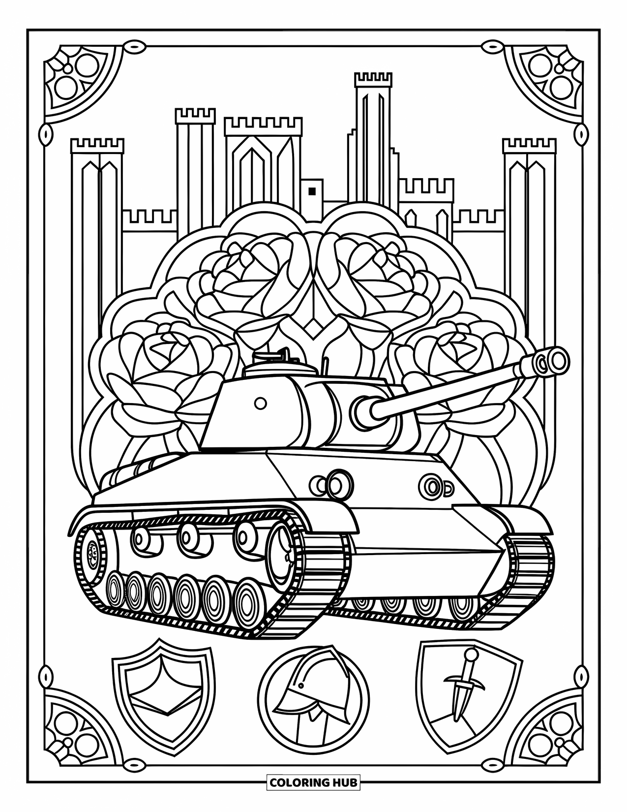 Ww2 Coloring Page for Adults: A WW2 tank before a castle surrounded by roses and ancient motifs