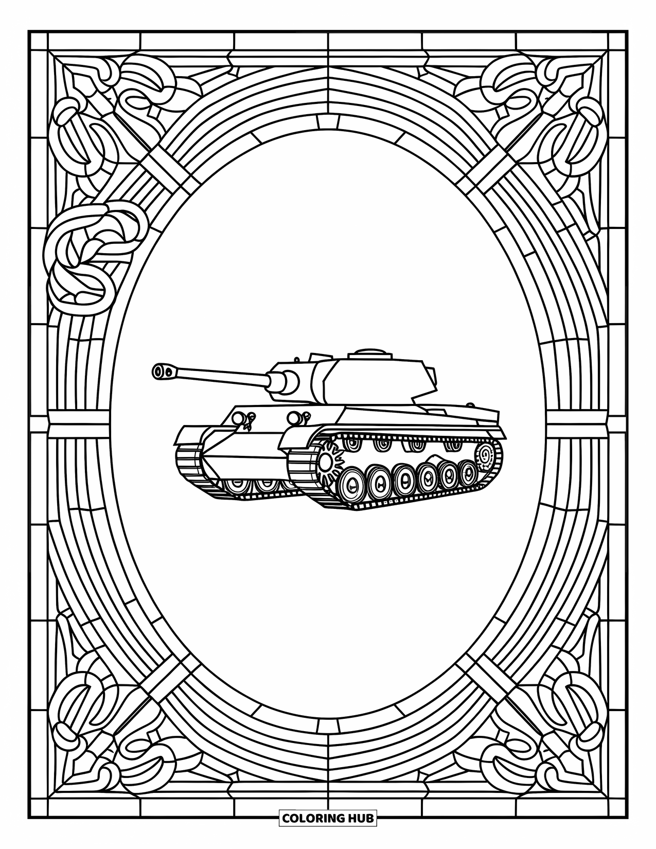 Ww2 Coloring Page for Adults: A WW2 tank in a detailed glass frame of ornate military patterns