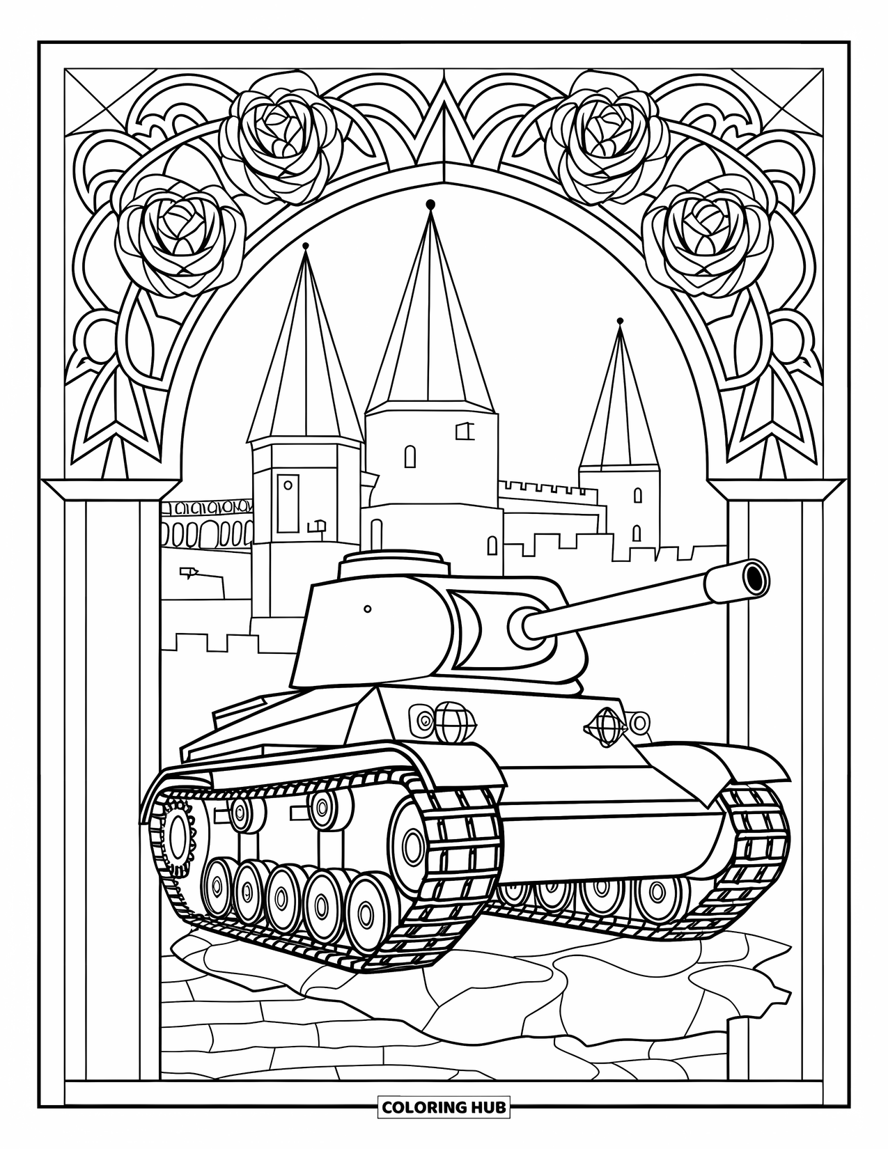 Ww2 Coloring Page for Adults: A WW2 tank near a castle framed by roses and shields