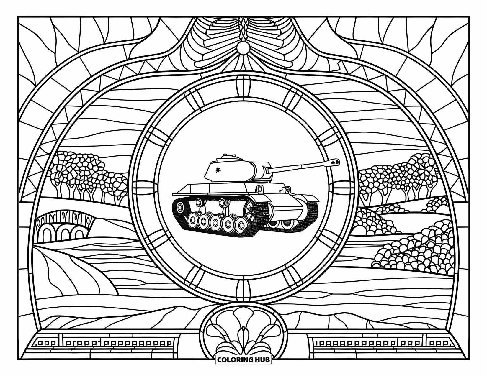 Ww2 Coloring Page for Adults: A WW2 tank rests within a patterned window overlooking trees and a bridge