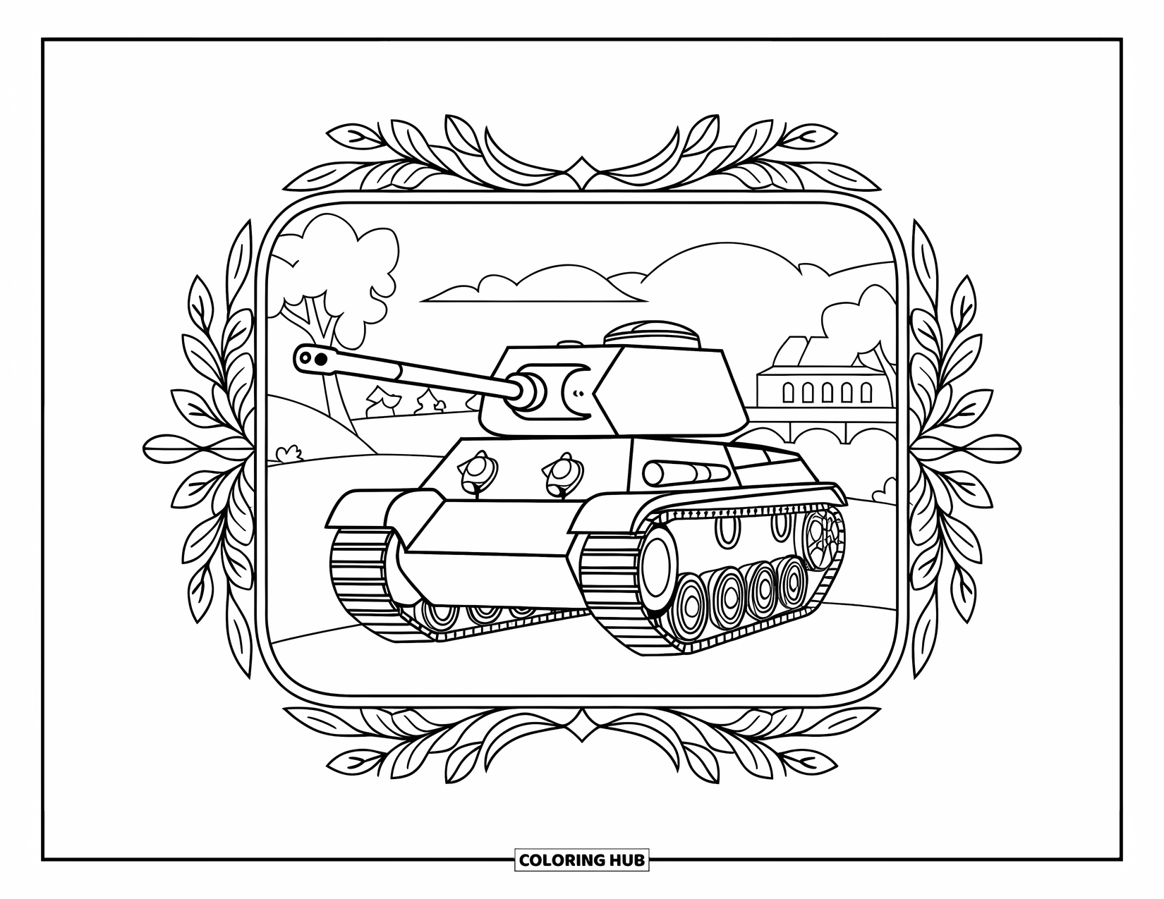 Ww2 Coloring Page for Adults: A WW2 tank surrounded by floral borders near a peaceful bridge