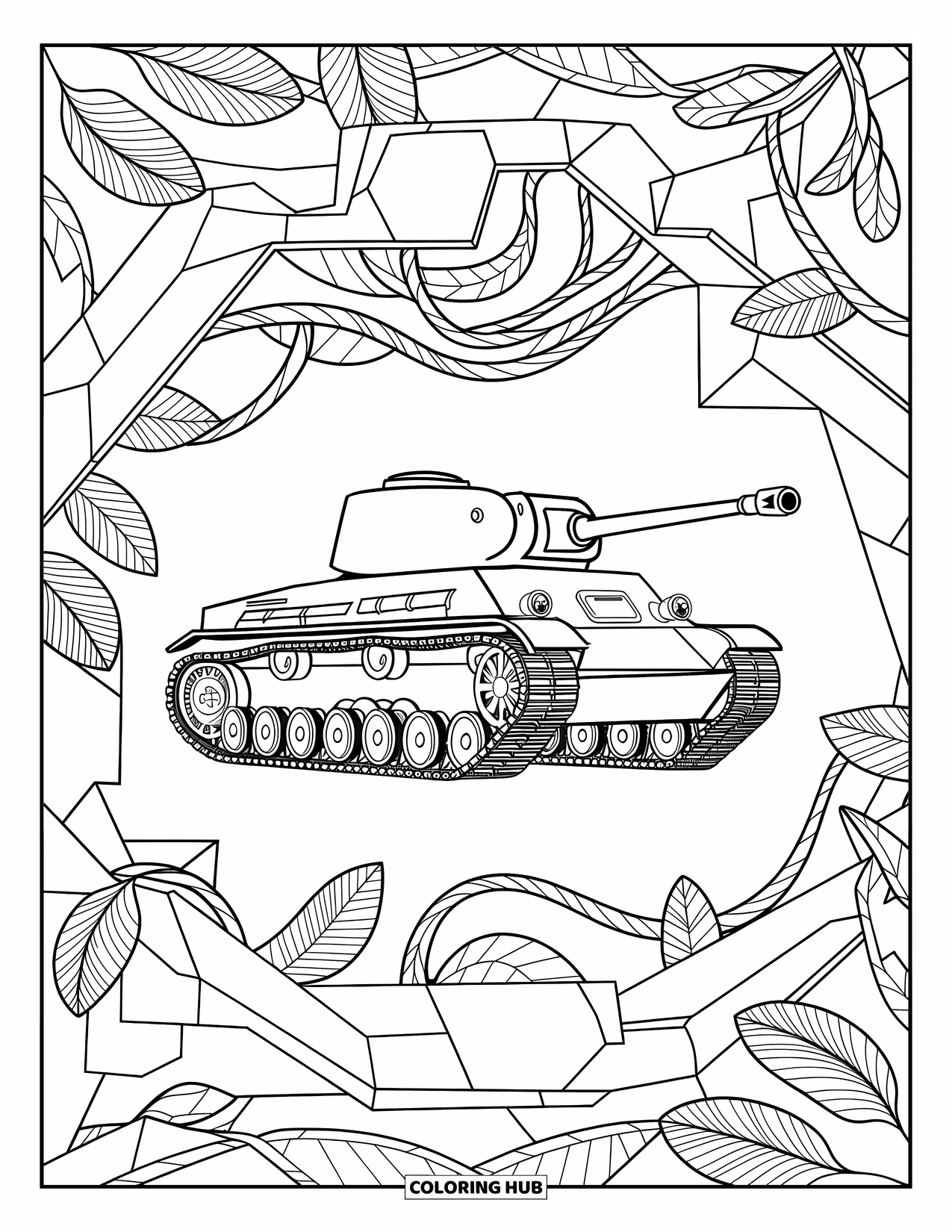 Ww2 Coloring Page for Adults: A WW2 tank surrounded by leaves and metal parts in a detailed frame