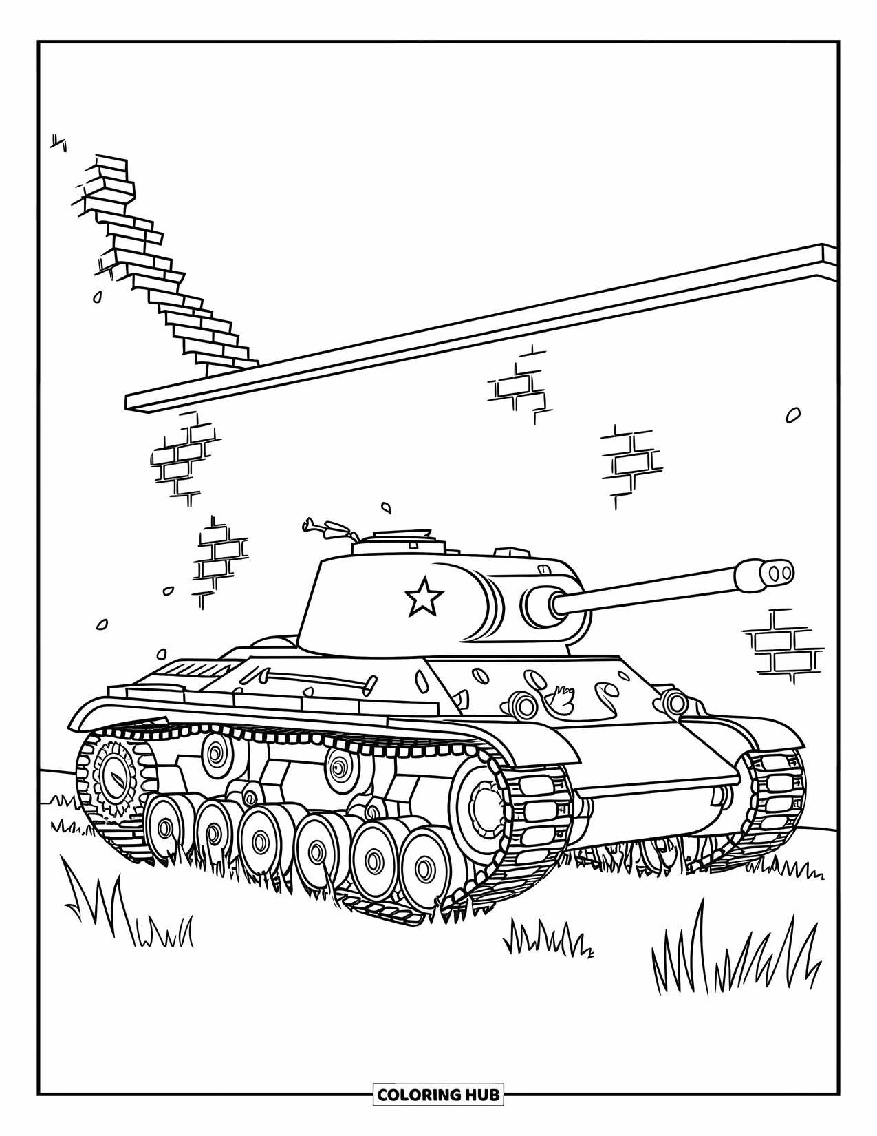Ww2 Coloring Page for Kids: A dented tank rests near a broken wall and tall grass