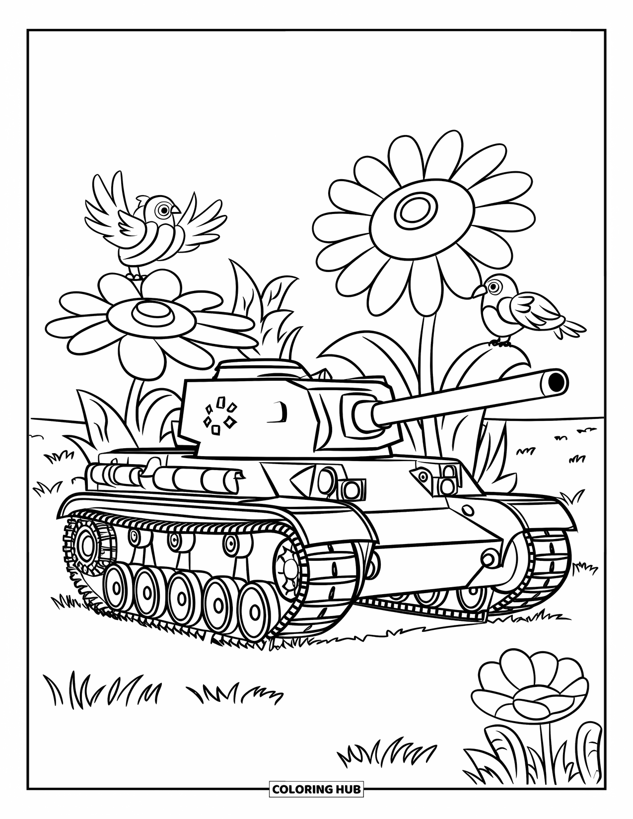 Ww2 Coloring Page for Kids: A friendly tank sits in a field of large flowers and flying birds