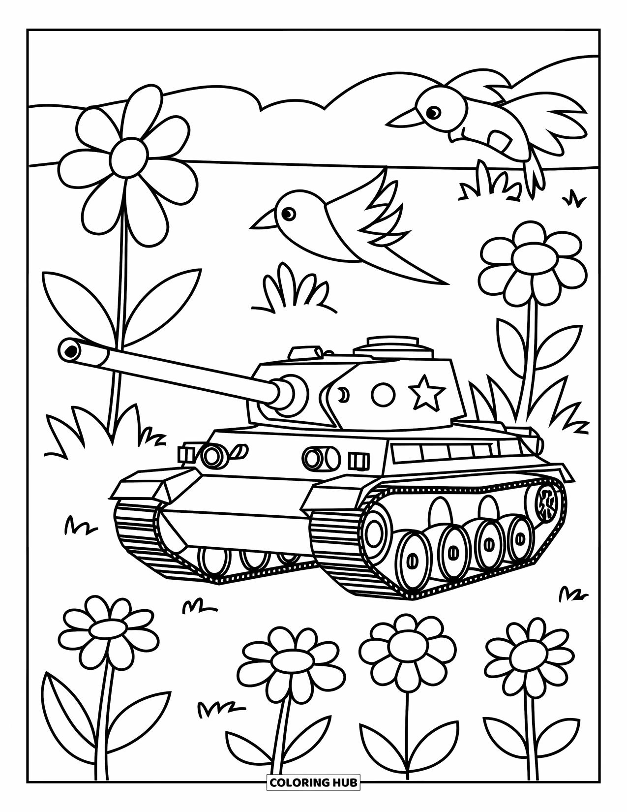 Ww2 Coloring Page for Kids: A playful Tiger tank sits in a field surrounded by big flowers