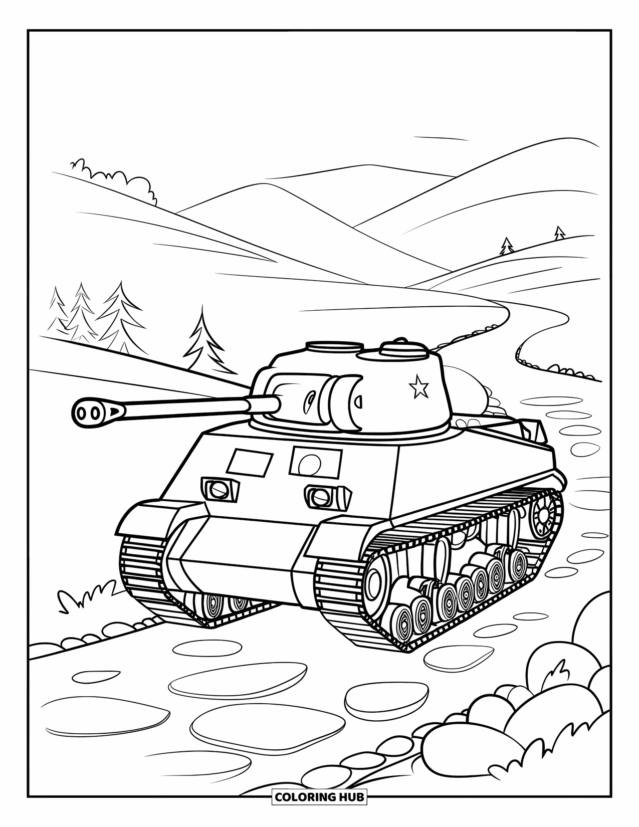Ww2 Coloring Page for Kids: A Sherman tank climbs a rocky path beneath scattered trees