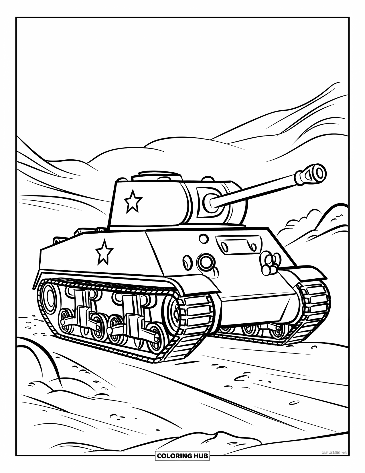 Ww2 Coloring Page for Kids: A tank moves down a bumpy road lined with grass and stones