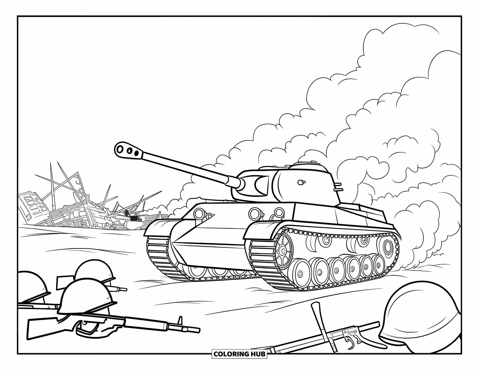 Ww2 Coloring Page for Kids: A tank moves through smoke and ruins with scattered gear around it