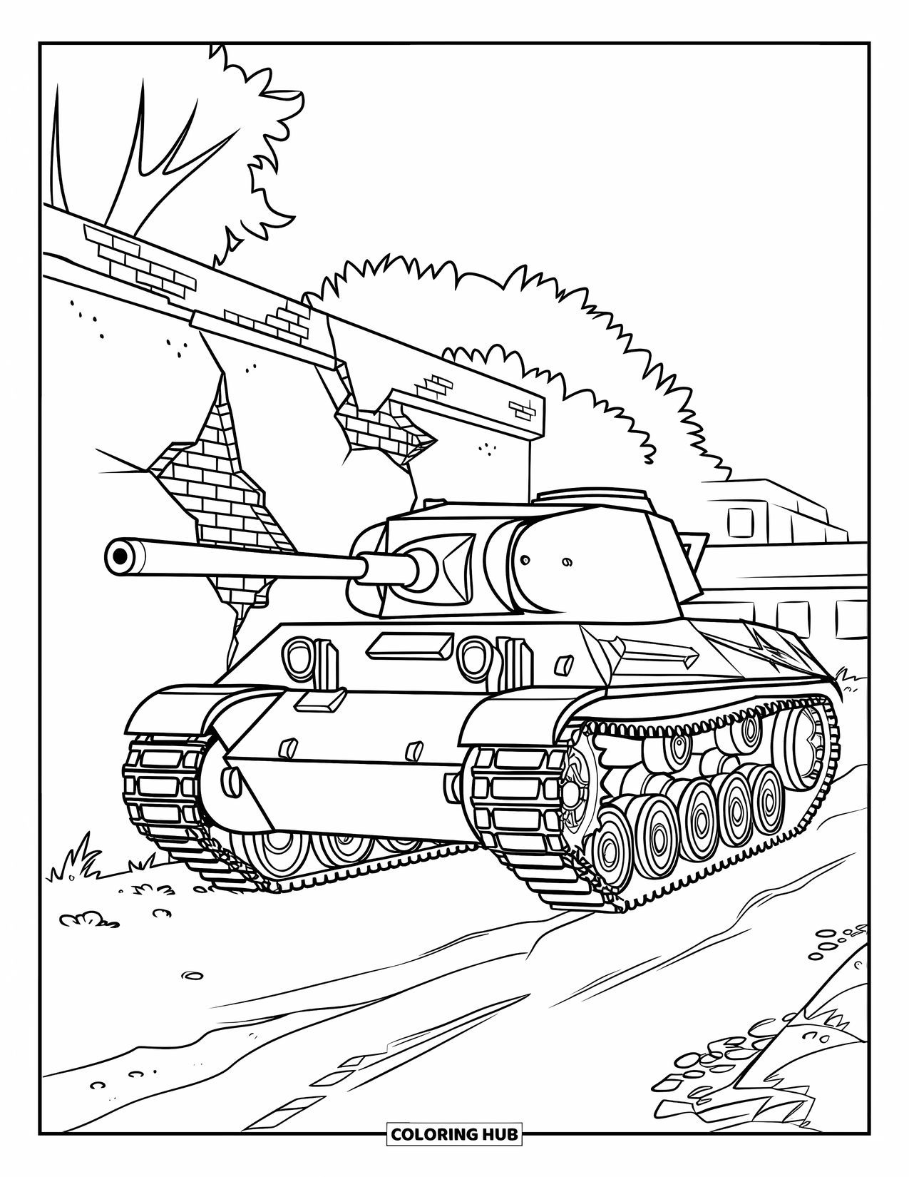 Ww2 Coloring Page for Kids: A tank parked by a damaged wall with a few trees nearby