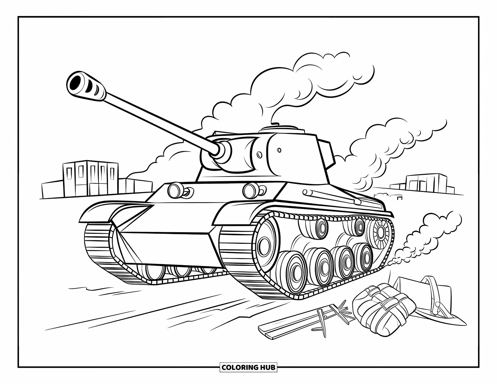 Ww2 Coloring Page for Kids: A tank pushes through a smoky battlefield lined with destroyed vehicles