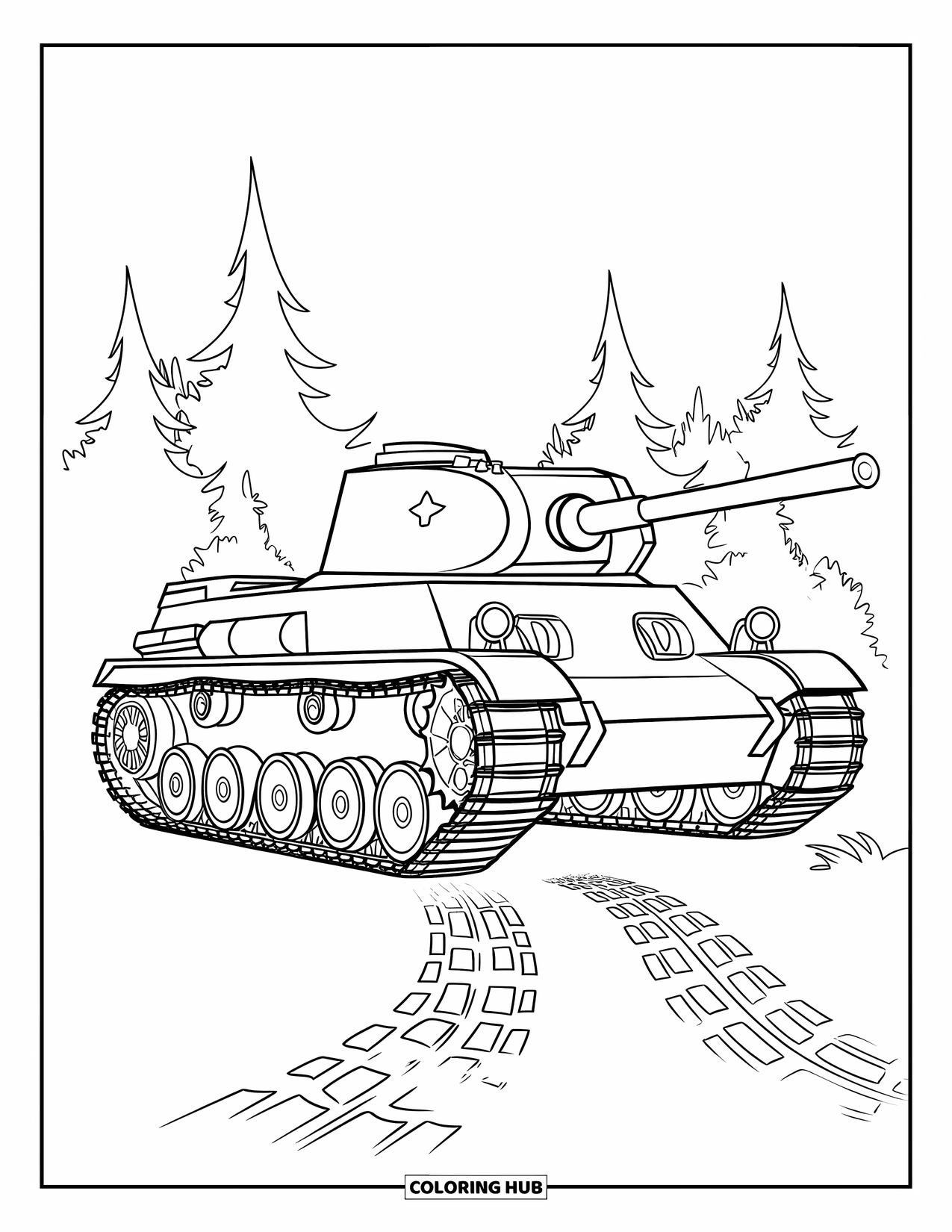 Ww2 Coloring Page for Kids: A tank rests in a forest with tall pines and clear tire tracks