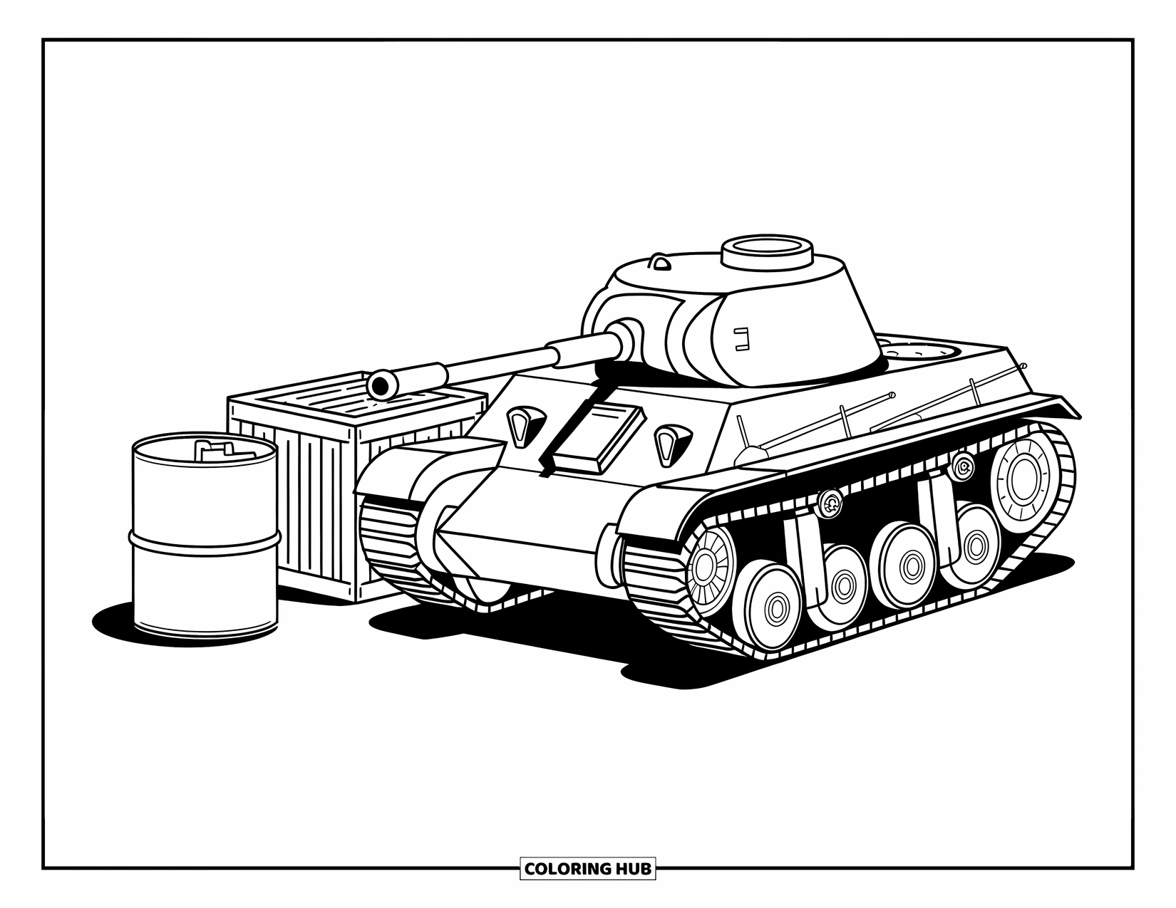 Ww2 Coloring Page for Kids: A tank rests near a fuel drum and a crate on flat ground