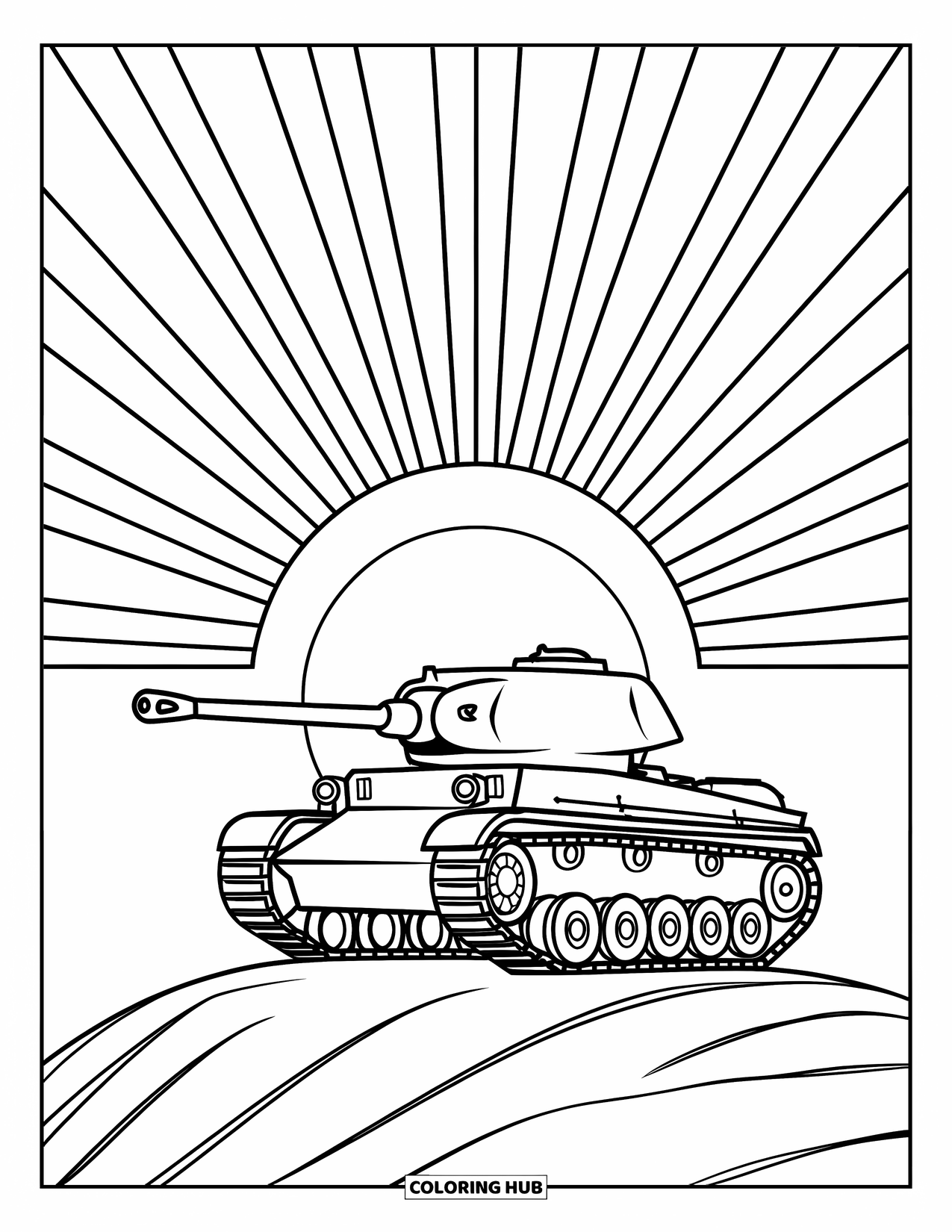 Ww2 Coloring Page for Kids: A tank rests on a hill under a sun with colorful rainbow arcs