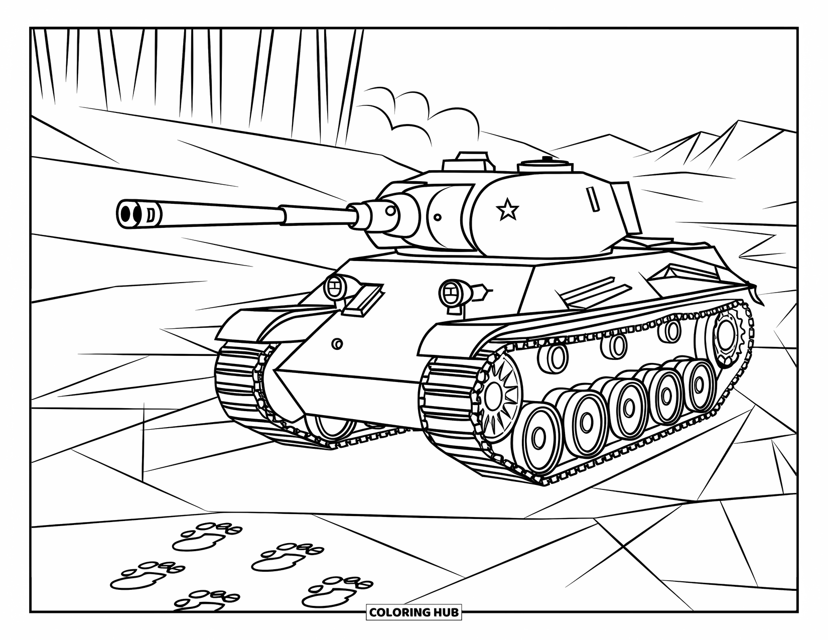 Ww2 Coloring Page for Kids: A tank rests on cracked ice with bootprints across a frozen river