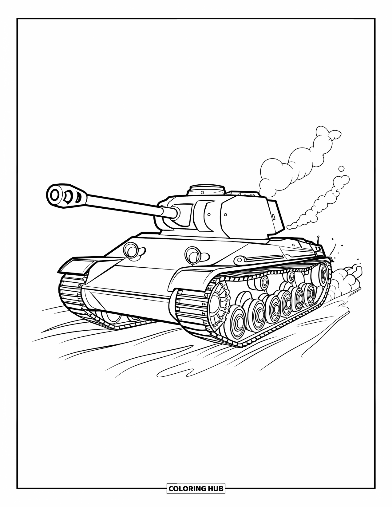Ww2 Coloring Page for Kids: A tank rolls across muddy ground with smoke swirling behind it
