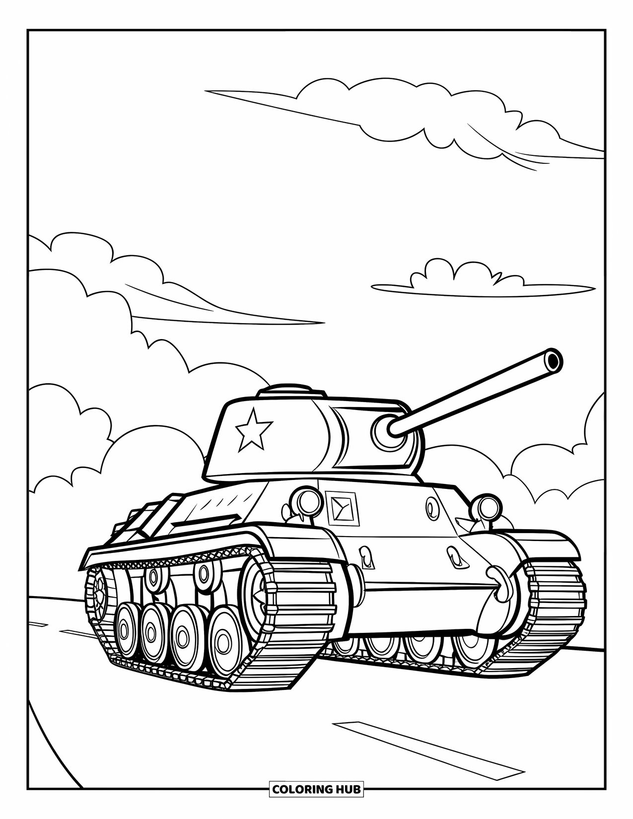 Ww2 Coloring Page for Kids: A tank rolls down a road under a sky full of fluffy clouds