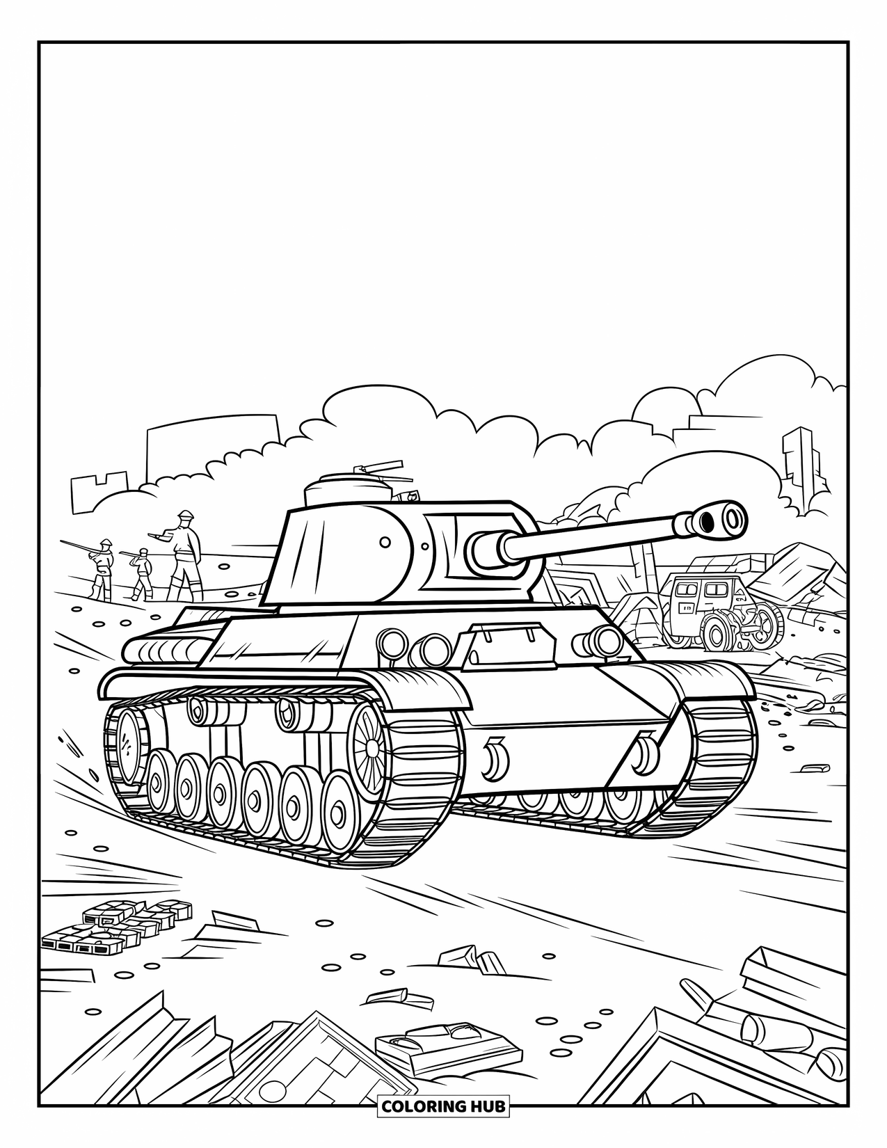 Ww2 Coloring Page for Kids: A tank rolls through wreckage with soldiers in the distance
