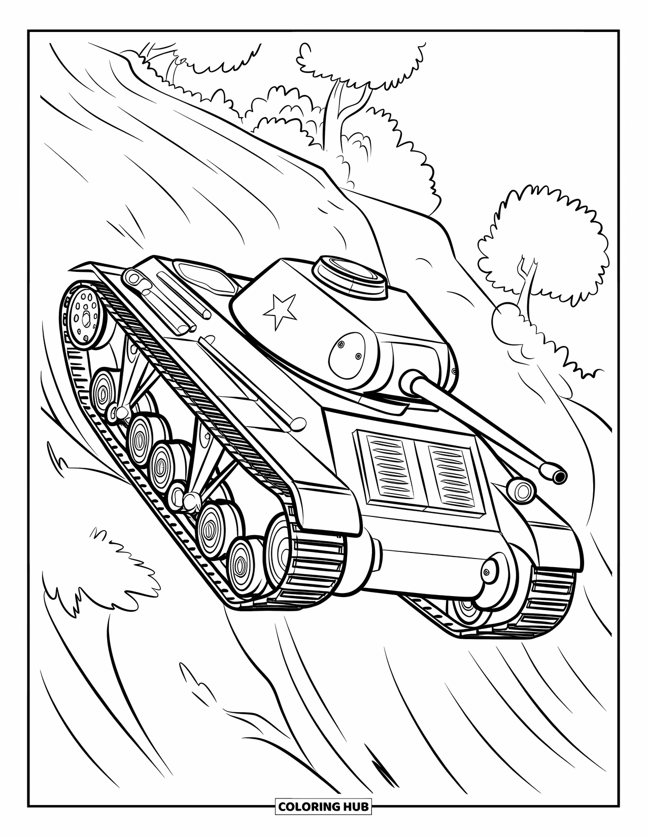 Ww2 Coloring Page for Kids: A tank rolls uphill through trees and a curving road