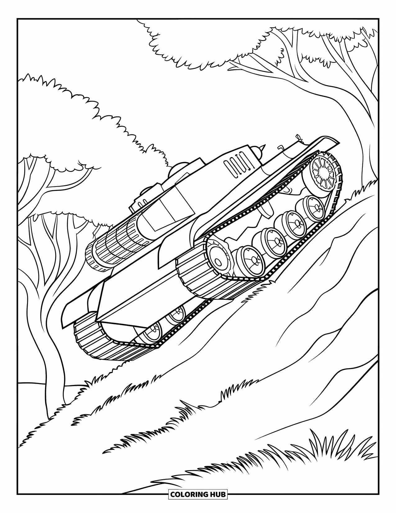 Ww2 Coloring Page for Kids: A tank rumbles up a grassy slope toward a tree-lined road
