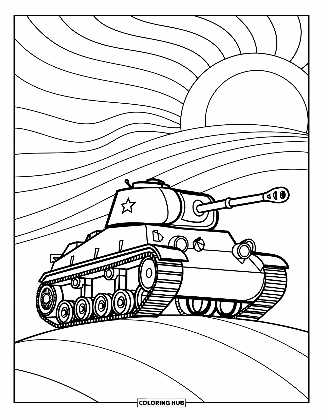 Ww2 Coloring Page for Kids: A tank sits atop a hill beneath the sun and a bold rainbow
