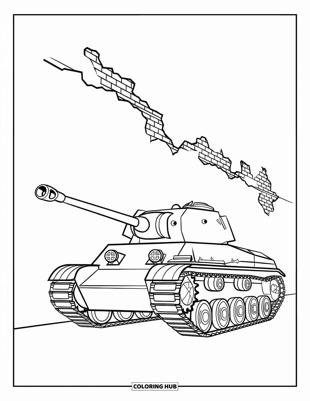 Ww2 Coloring Page for Kids: A tank sits quietly beside a cracked wall of broken bricks