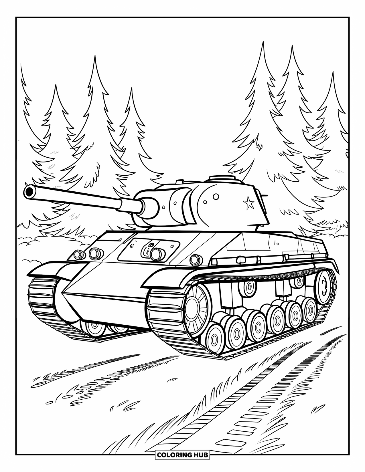 Ww2 Coloring Page for Kids: A tank stands under pine trees surrounded by fallen needles