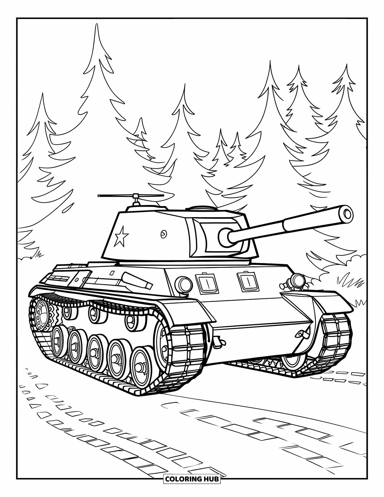 Ww2 Coloring Page for Kids: A tank waits in a forest clearing lined with tall pine trees