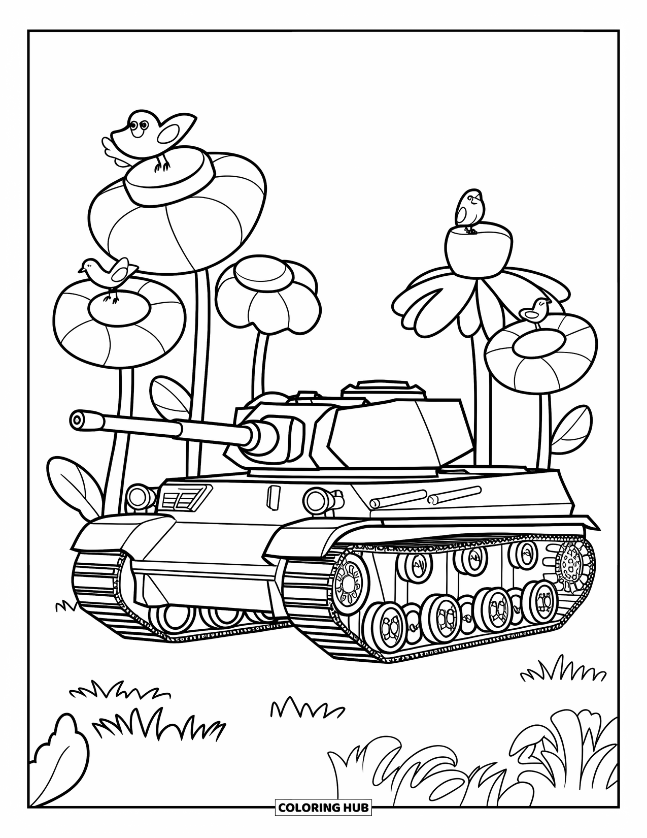 Ww2 Coloring Page for Kids: A Tiger tank surrounded by flowers and birds smiles under clear skies