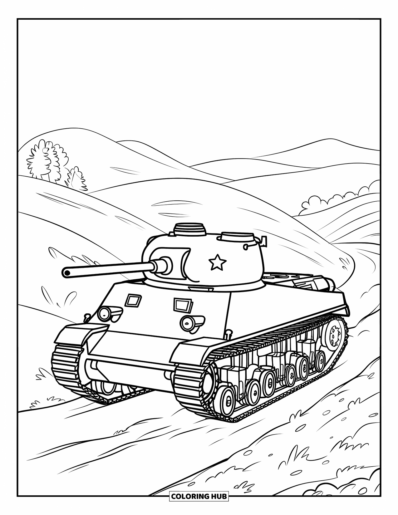 Ww2 Coloring Page for Kids: A WW2 Sherman tank rolls along a dirt path toward the hills