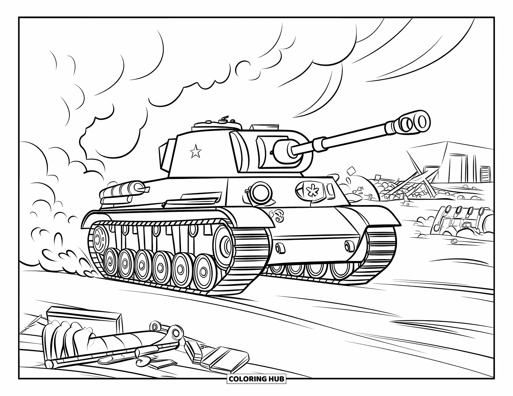 Ww2 Coloring Page for Kids: A WW2 tank advances through smoke past broken buildings and debris