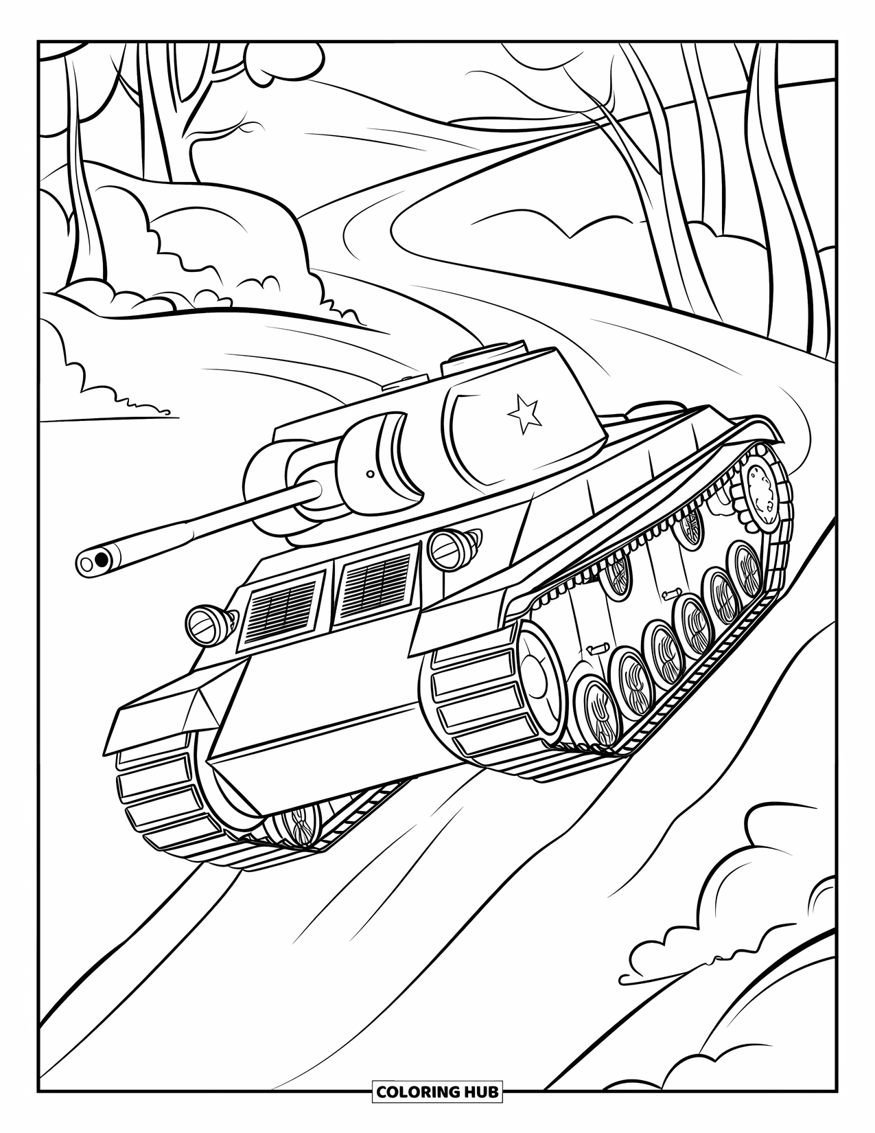 Ww2 Coloring Page for Kids: A WW2 tank climbs a steep hill beside a winding forest road