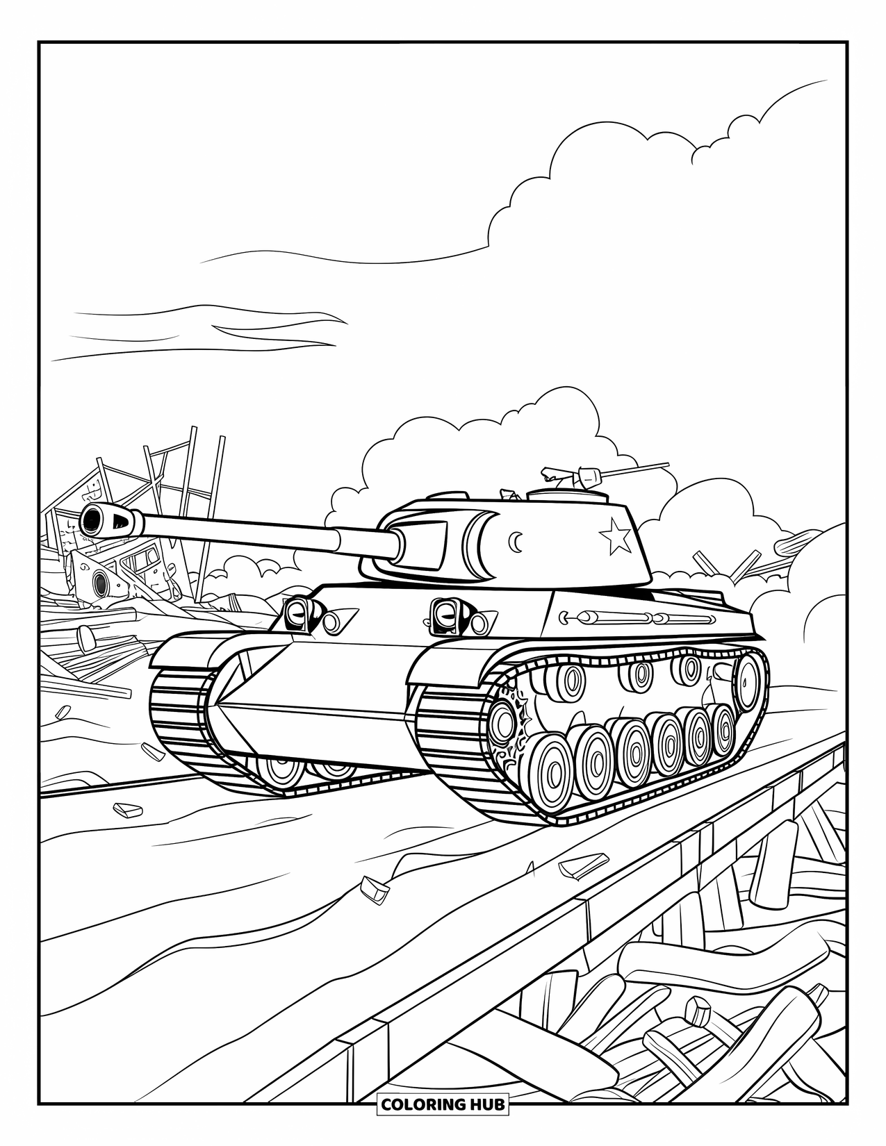 Ww2 Coloring Page for Kids: A WW2 tank crosses a bridge amid smoke and broken buildings