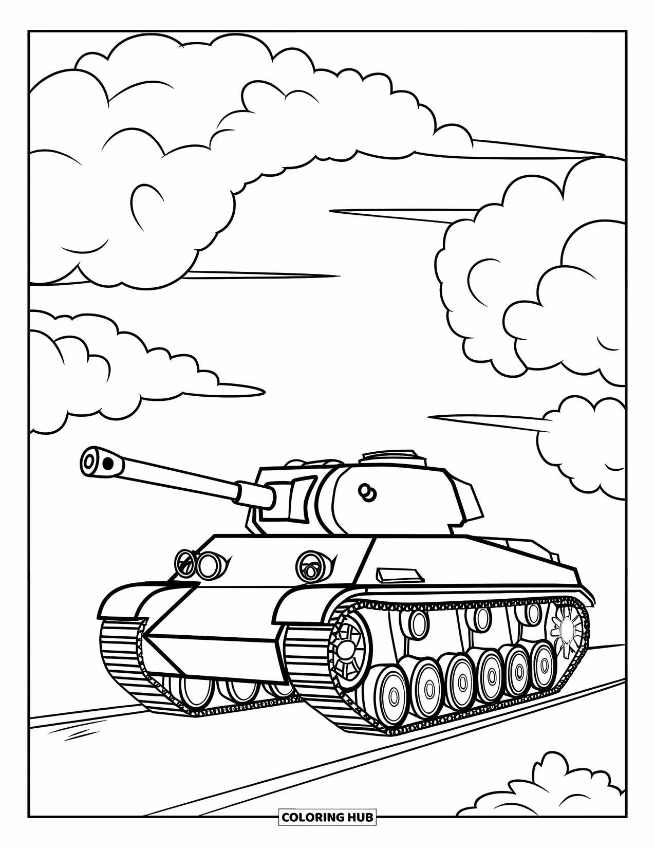 Ww2 Coloring Page for Kids: A WW2 tank drives a plain road beneath soft, puffy clouds