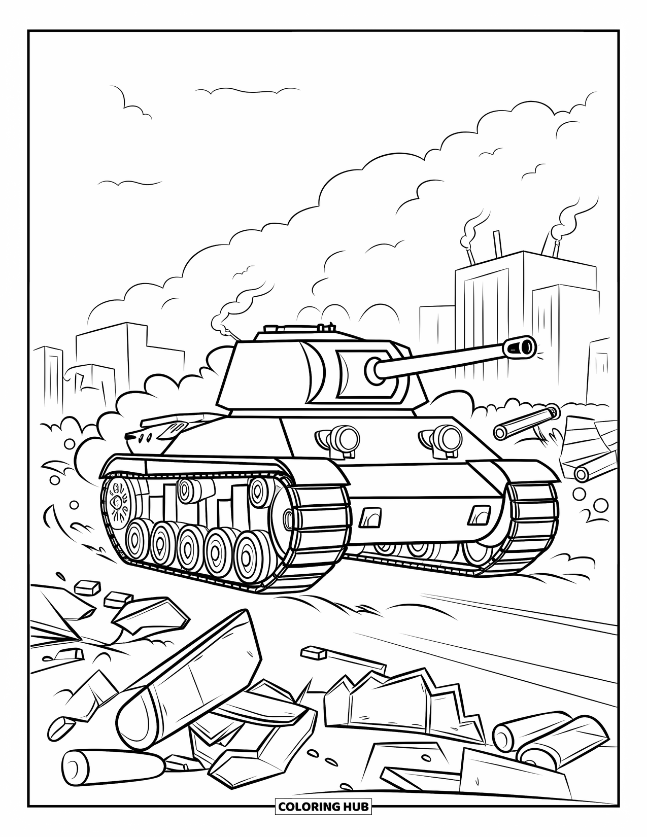 Ww2 Coloring Page for Kids: A WW2 tank drives through debris with smoke rising from a city