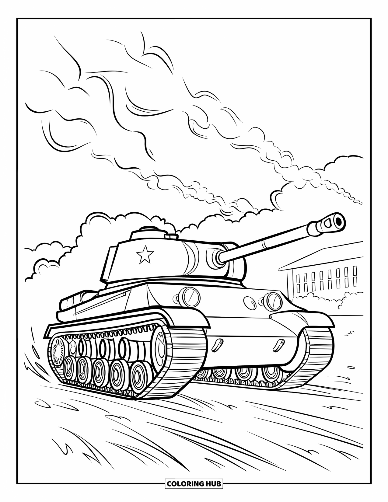 Ww2 Coloring Page for Kids: A WW2 tank drives through mud and smoke near an old building