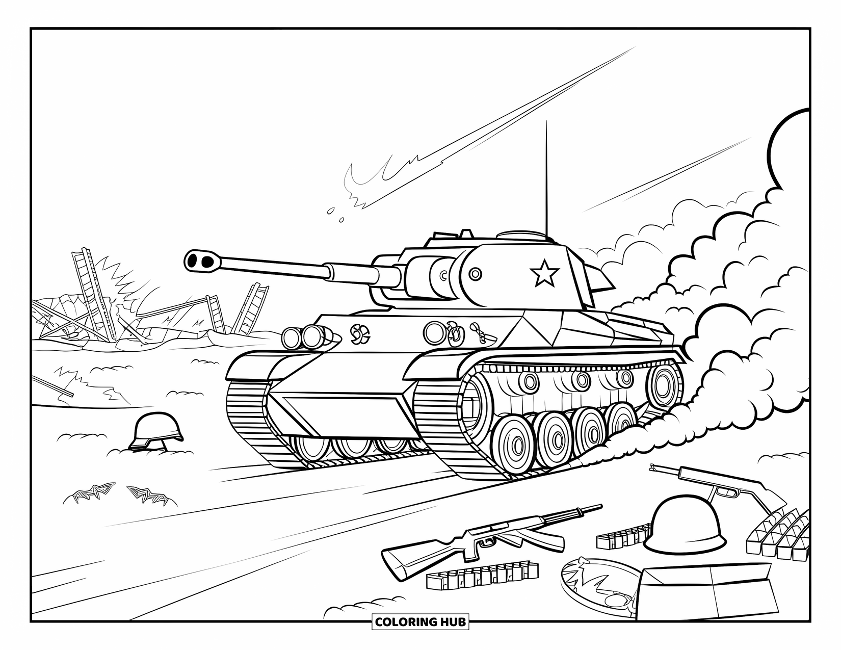 Ww2 Coloring Page for Kids: A WW2 tank drives through ruins surrounded by helmets and rifles