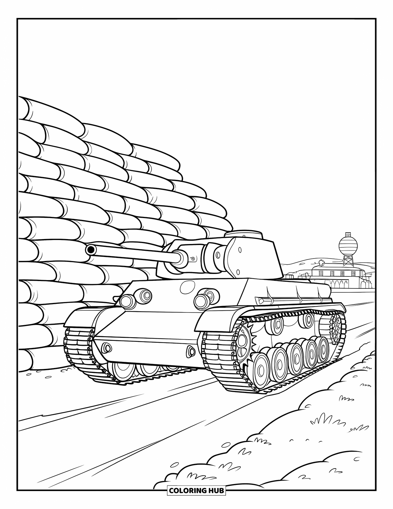 Ww2 Coloring Page for Kids: A WW2 tank faces a radar tower beyond the field and trees