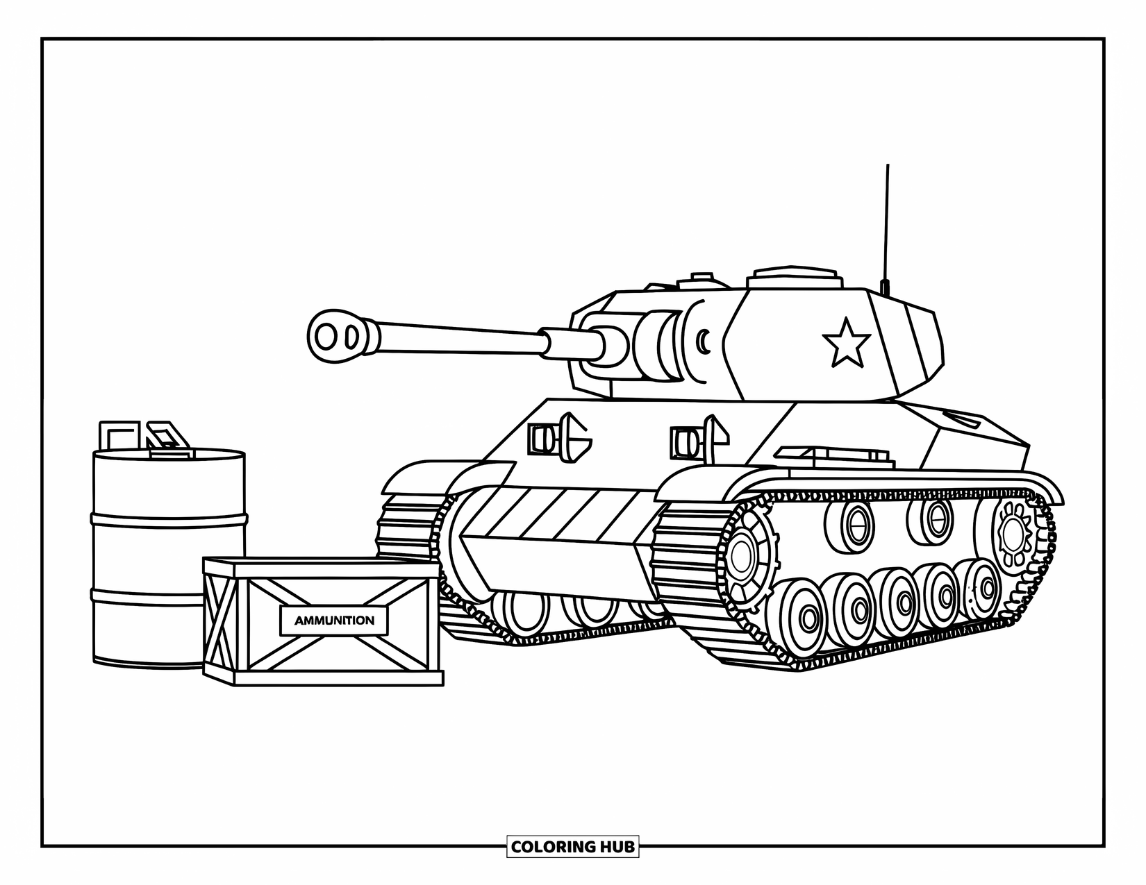 Ww2 Coloring Page for Kids: A WW2 tank rests next to crates labeled "Ammunition" and "Fuel"