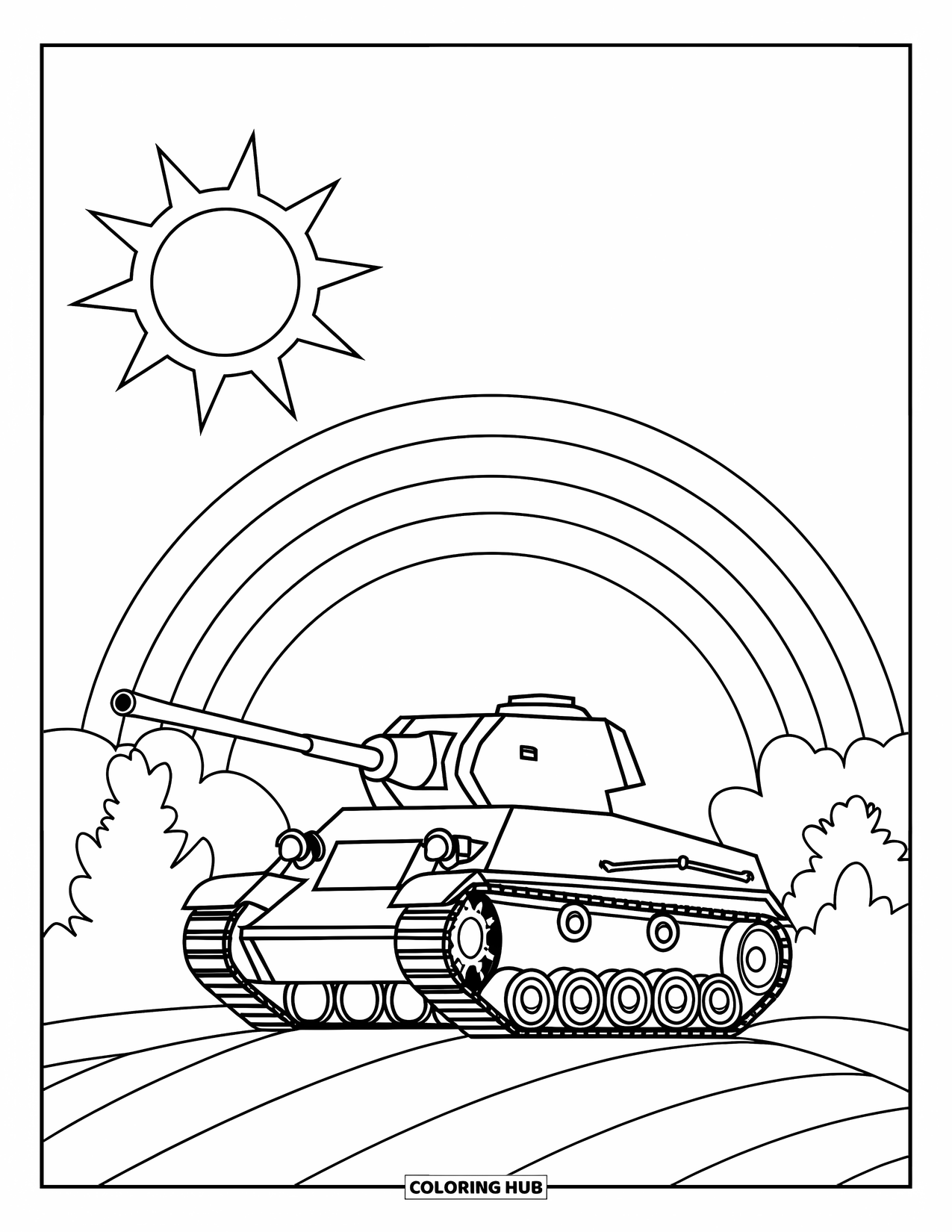Ww2 Coloring Page for Kids: A WW2 tank shines beneath a rainbow on a sunny hill