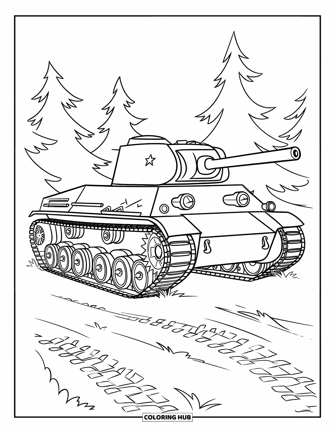 Ww2 Coloring Page for Kids: A WW2 tank sits between pine trees, leaving tracks in soft dirt