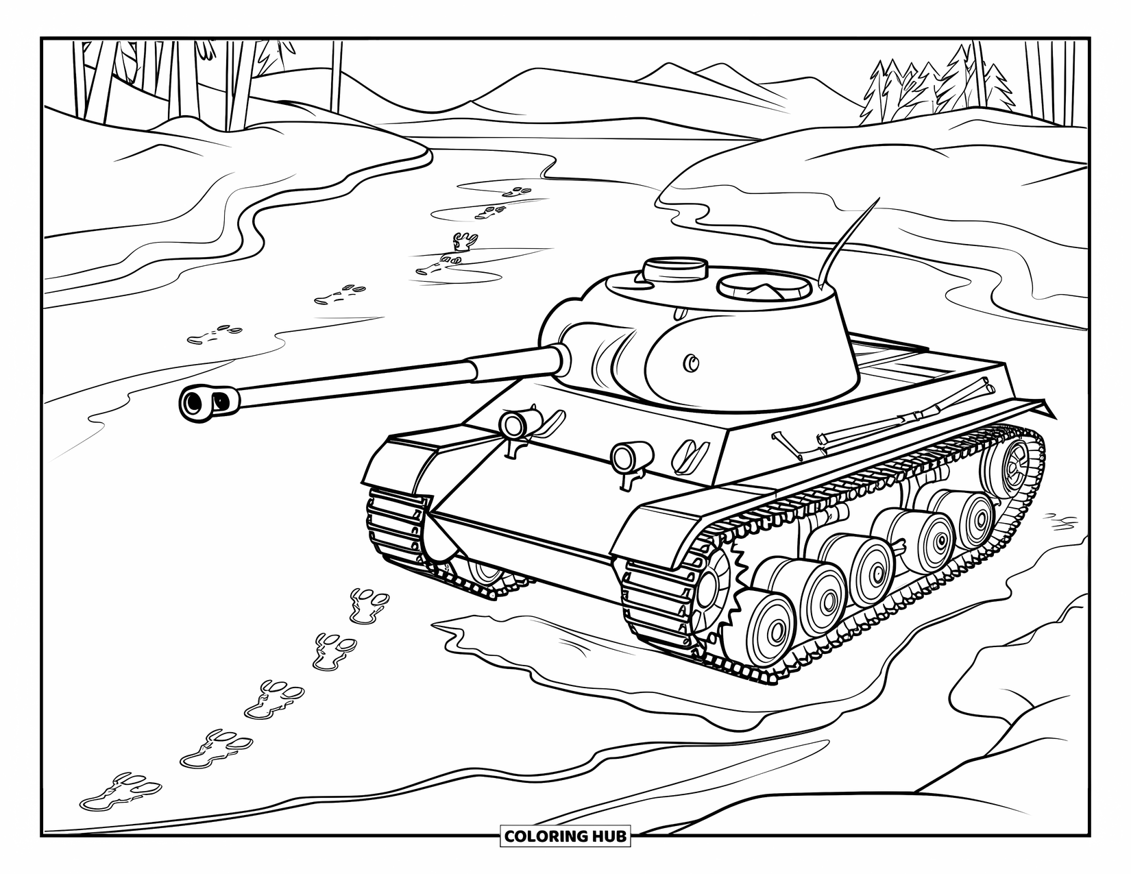 Ww2 Coloring Page for Kids: A WW2 tank sits on icy ground surrounded by snow and tracks