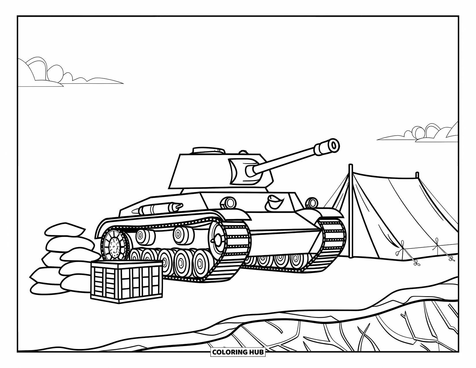 Ww2 Coloring Page for Kids: A WW2 tank stands beside stacked sandbags and an ammo box
