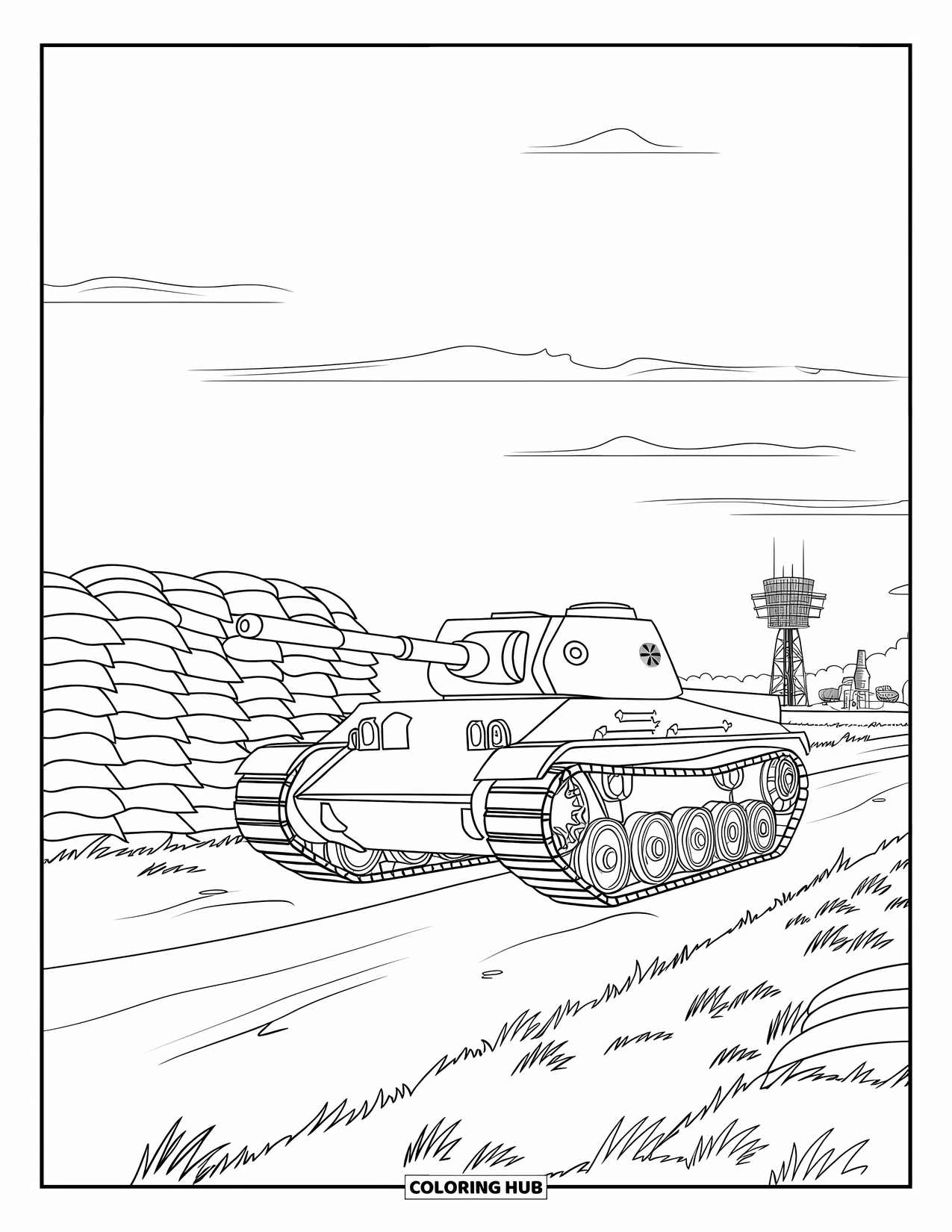 Ww2 Coloring Page for Kids: A WW2 tank stands on a dirt road near sandbags and radar towers