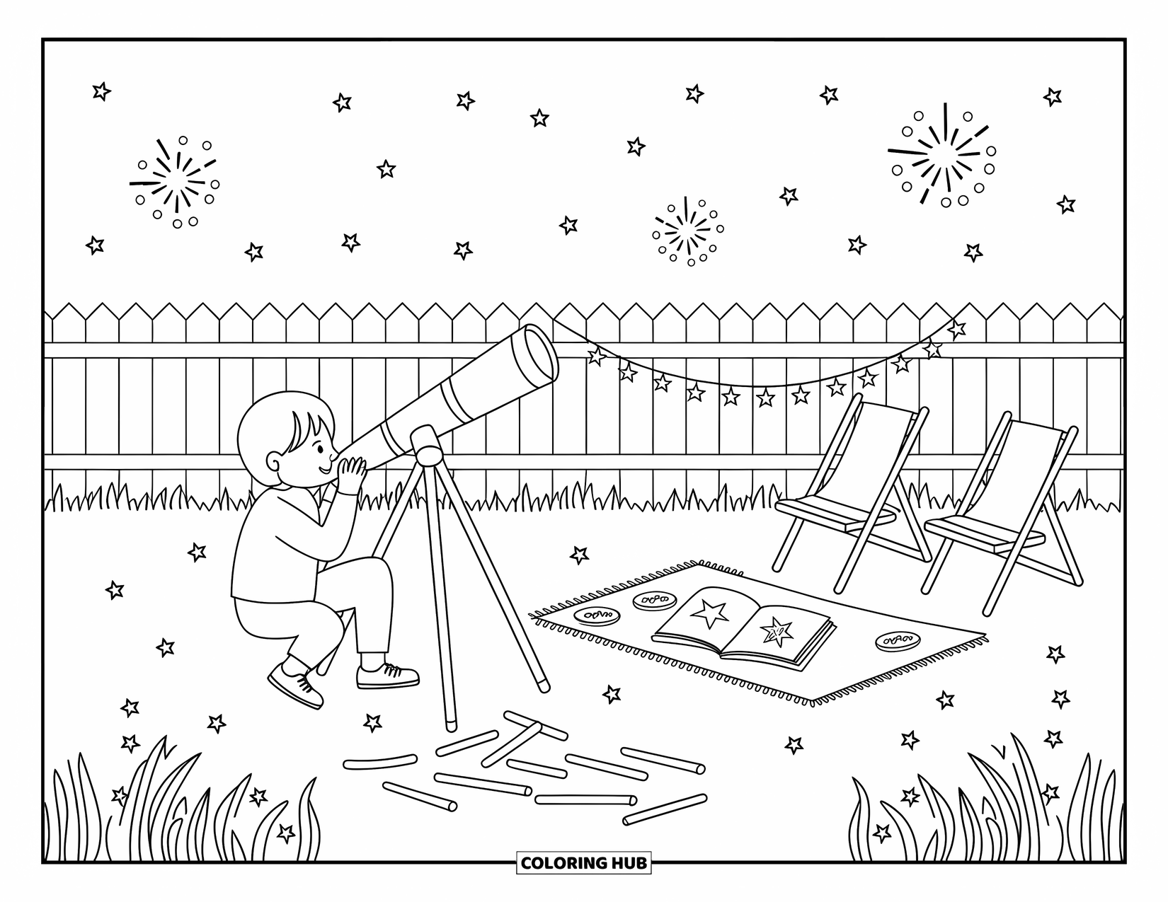 4Th Of July Coloring Page for Adults: A child looks through a telescope in the backyard under a sky full of stars