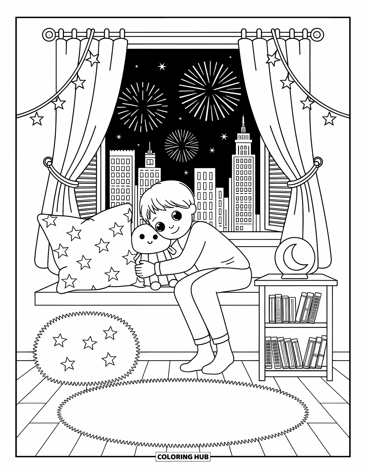 4Th Of July Coloring Page for Adults: A child watches fireworks through the window, cuddling a toy in a cozy room