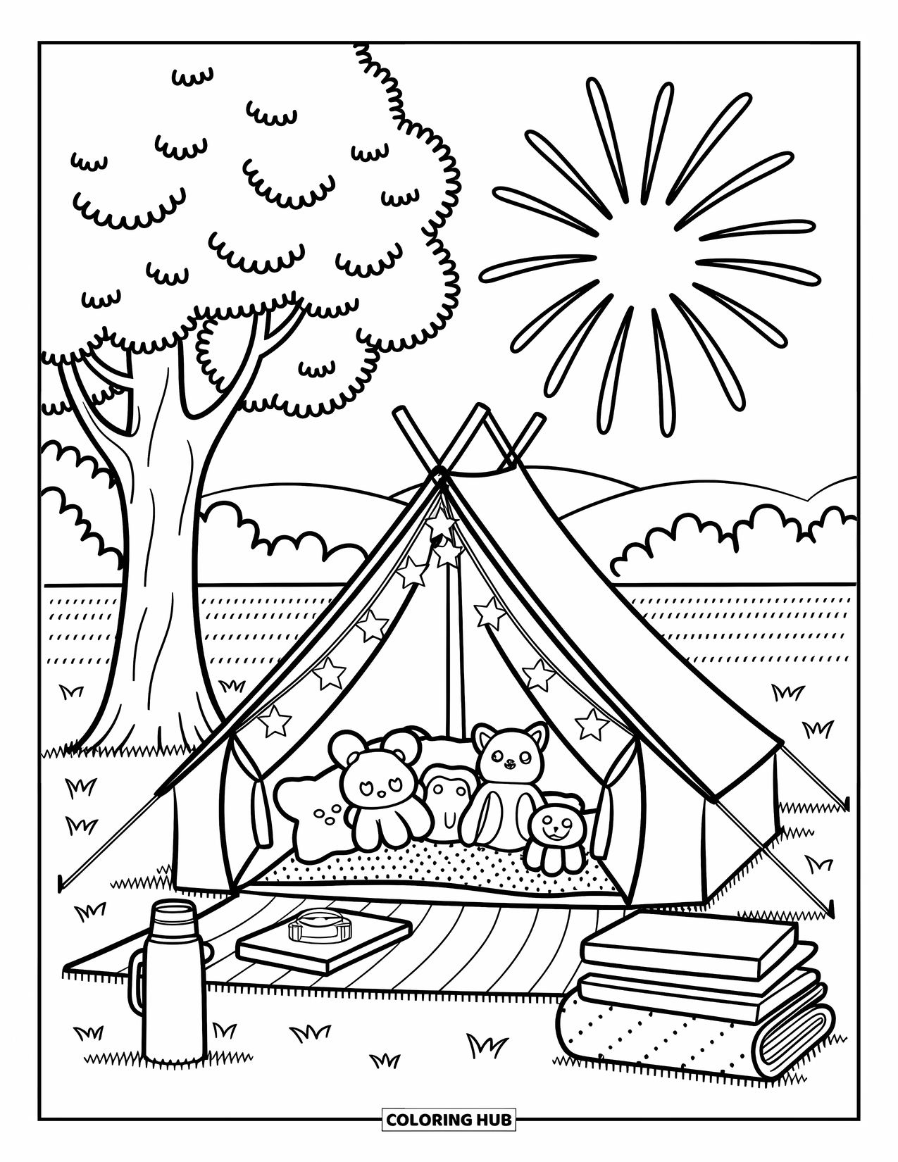 4Th Of July Coloring Page for Adults: A cozy tent glows with lanterns and stuffed animals under a sky of fireworks